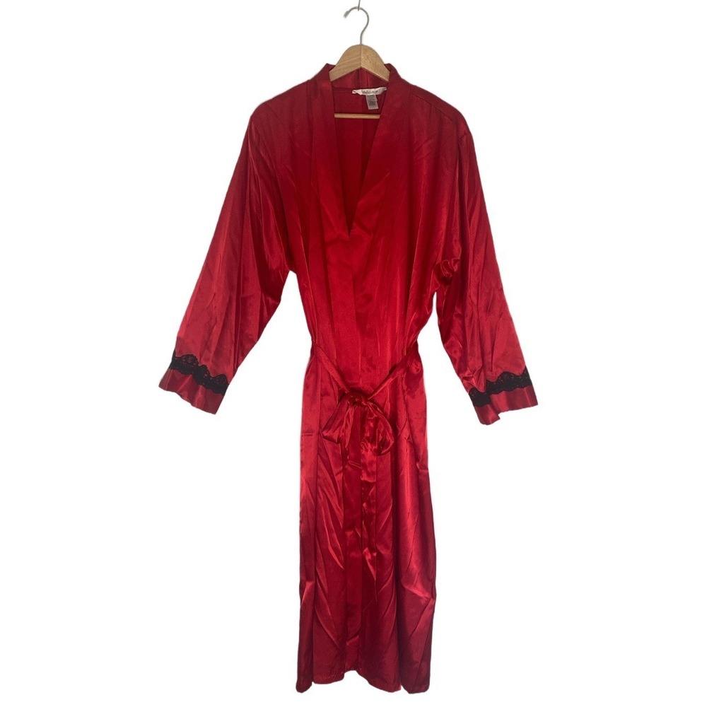VTG Delicates Long Robe Red w/ Black Lace Trim Large Lightweight Y2K Valentines